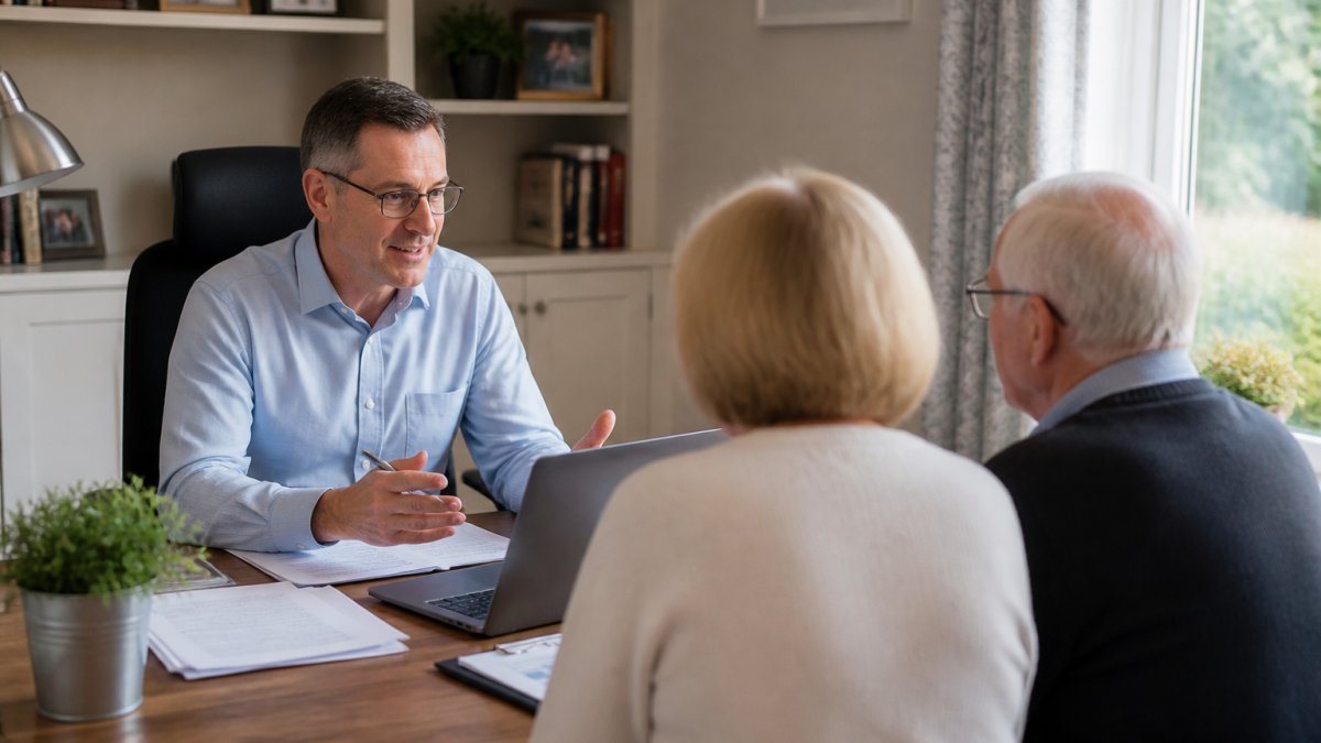 An adviser in a bright home office talking through paperwork on a video call with an older couple, laptop and documents on the desk