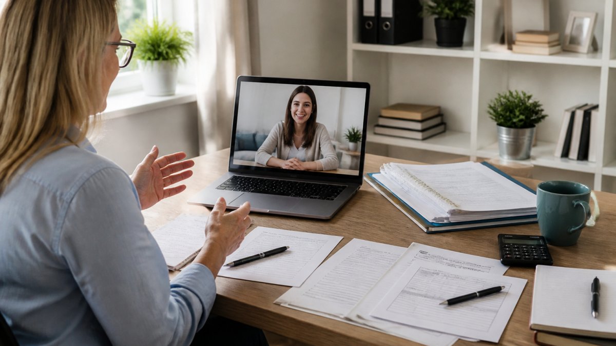 Infographic showing the process of a mortgage broker consulting with a client over a video call to review paperwork