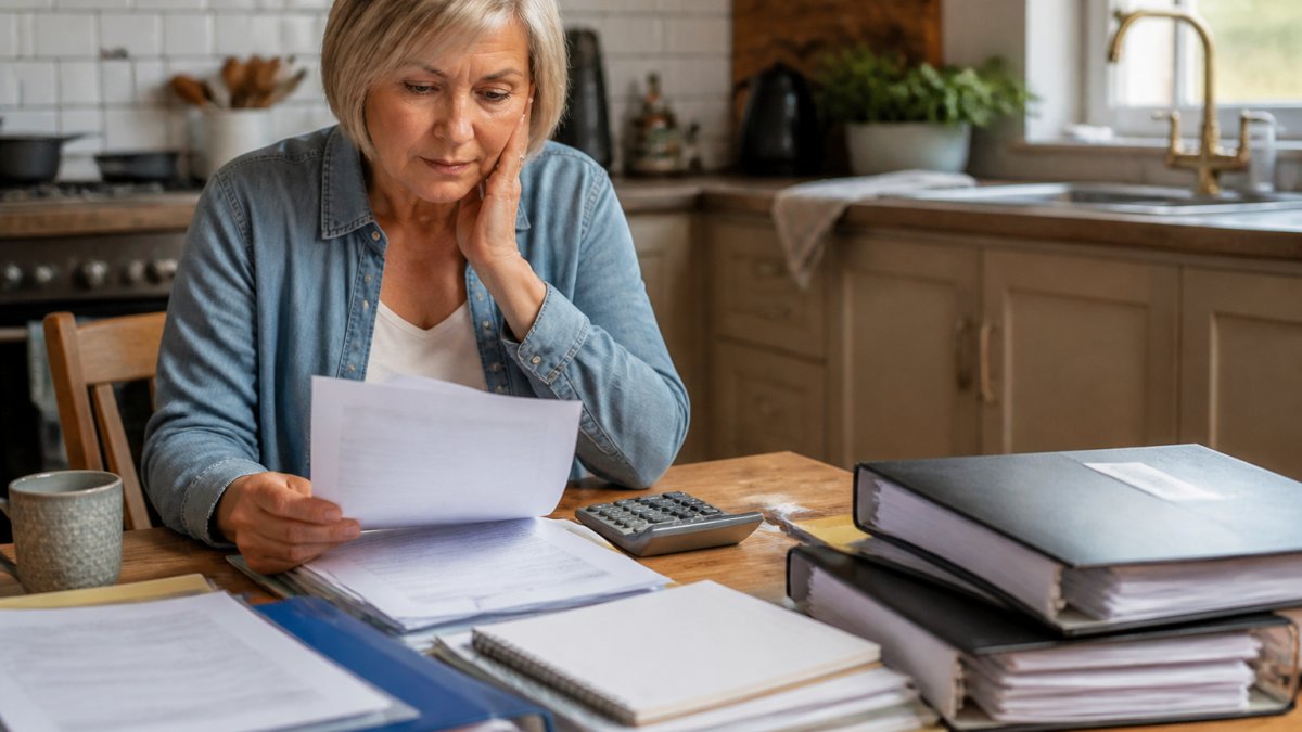 A self-employed applicant at a kitchen table with a laptop, neatly organised folders of accounts and tax returns, and a calculator, reviewing paperwork before a mortgage application